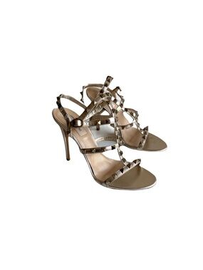 Valentino Gold Rockstud 105 Sandals Size 37 Rose Metallic Strappy Stiletto Heels